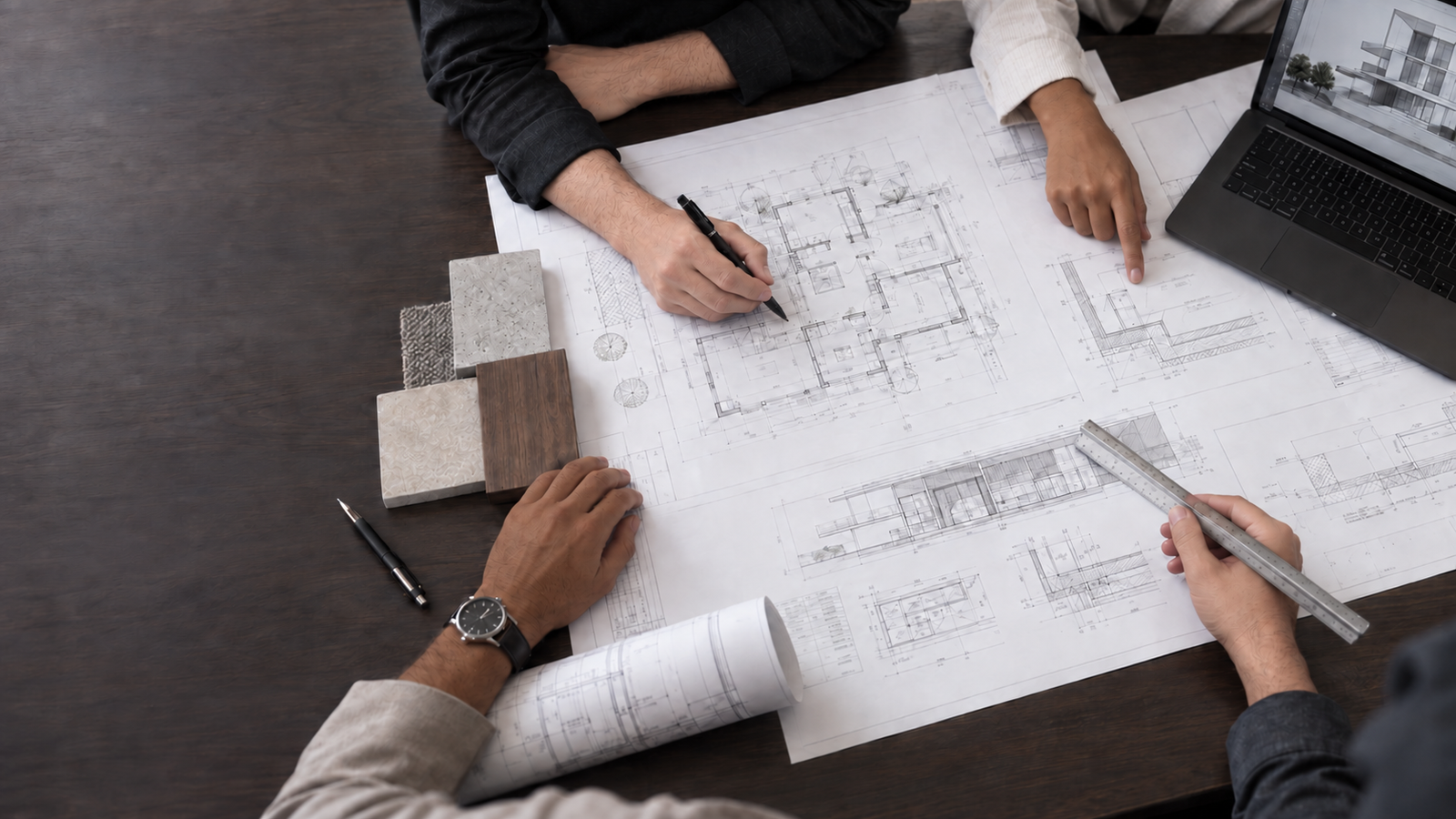 Manos trabajando sobre planos de arquitectura