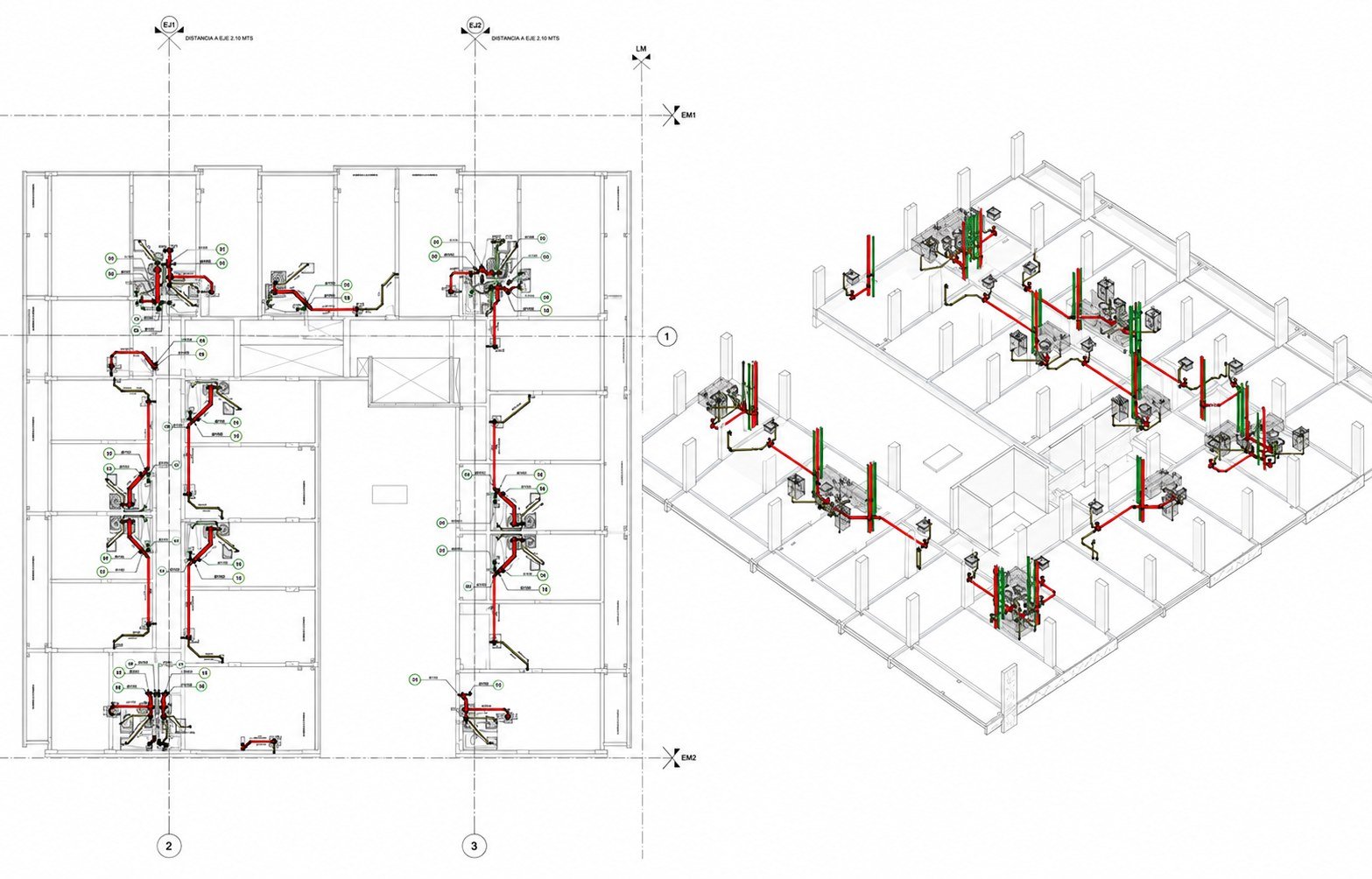 Coordinación de instalaciones sanitarias en planta y modelo 3D BIM
