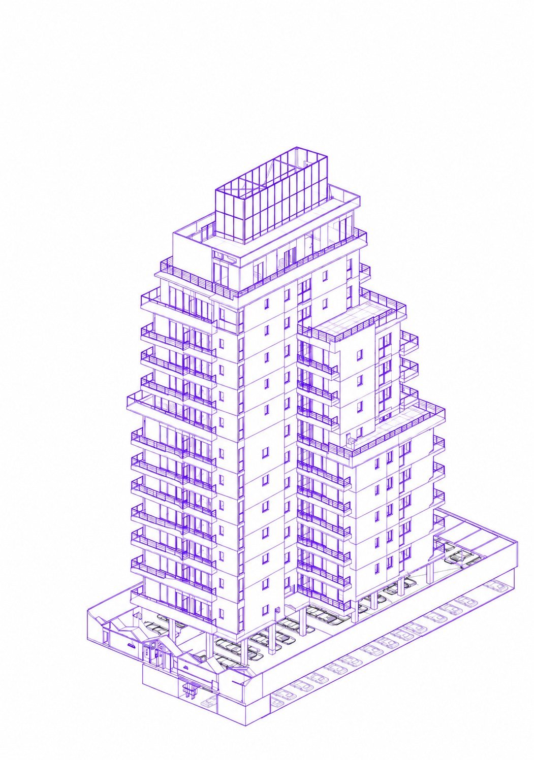 Modelo BIM de edificio de viviendas con cocheras en vista axonométrica