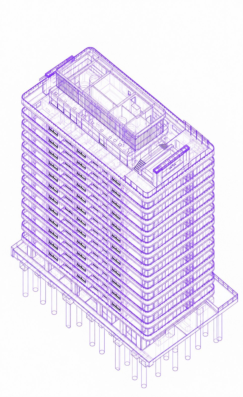 Modelo BIM de torre de viviendas en vista axonométrica con estructura y pilotes