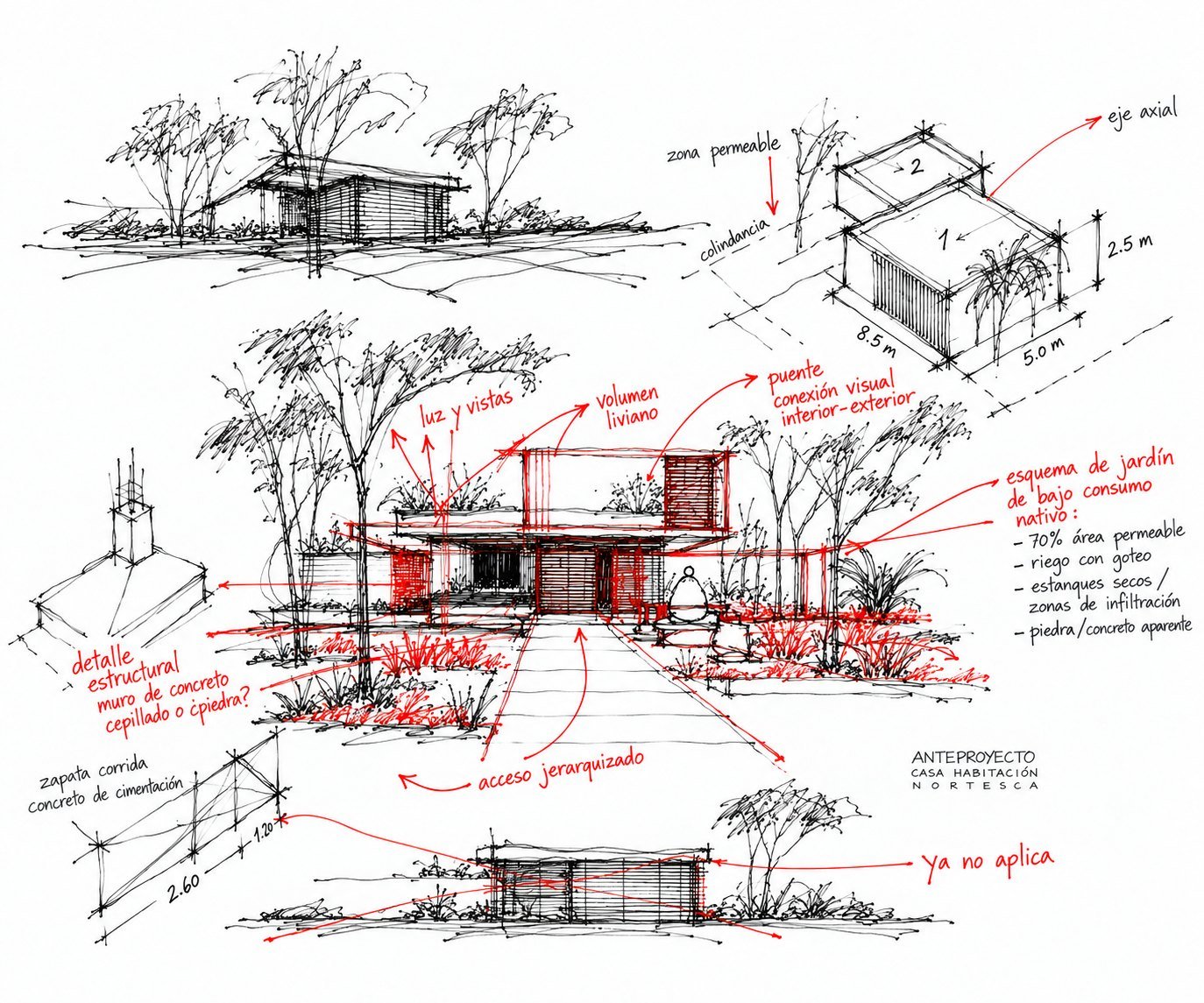Bocetos a mano de anteproyecto de vivienda con anotaciones de diseño