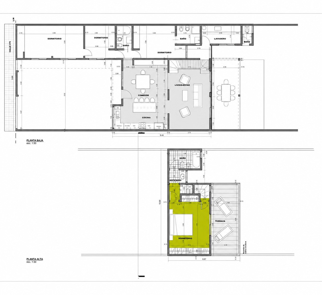 Plantas baja y alta de proyecto de vivienda, esc. 1:50