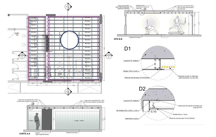 Planta de estructura de cielorraso, cortes y detalles constructivos D1 y D2