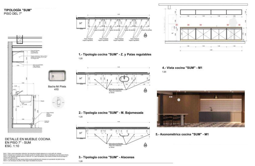 Detalle de mueble de cocina: planta, bajomesada, alacenas, vista y axonométrica