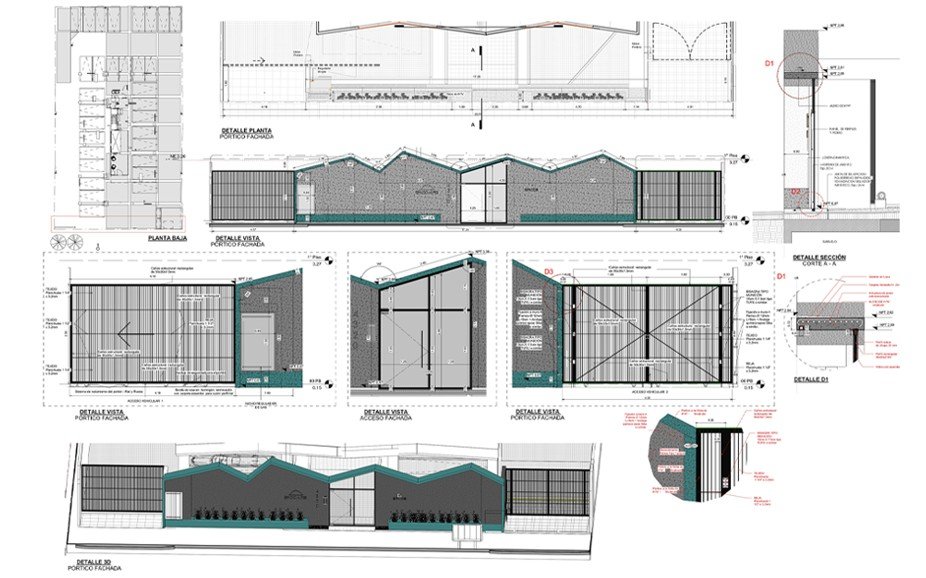 Detalle de pórtico de fachada: planta, vistas, sección y 3D