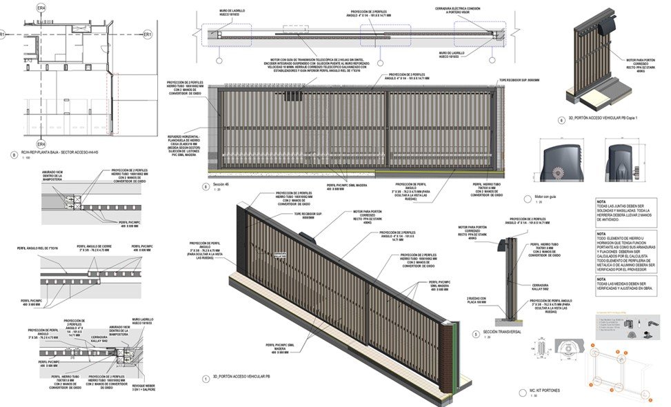 Detalle de portón vehicular: planta, sección, axonométrica y especificaciones