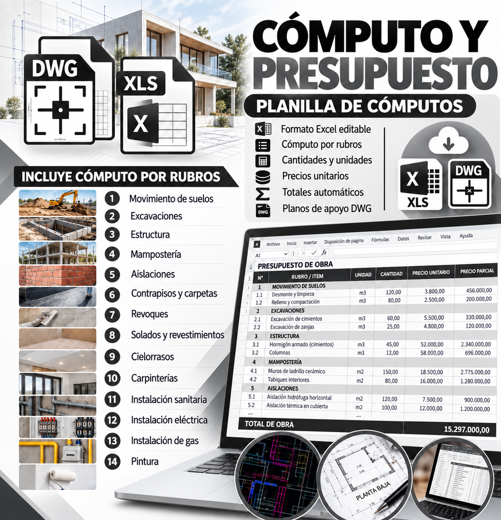 Planilla de cómputo y presupuesto por rubros en Excel con planos DWG – MHR Arquitectos