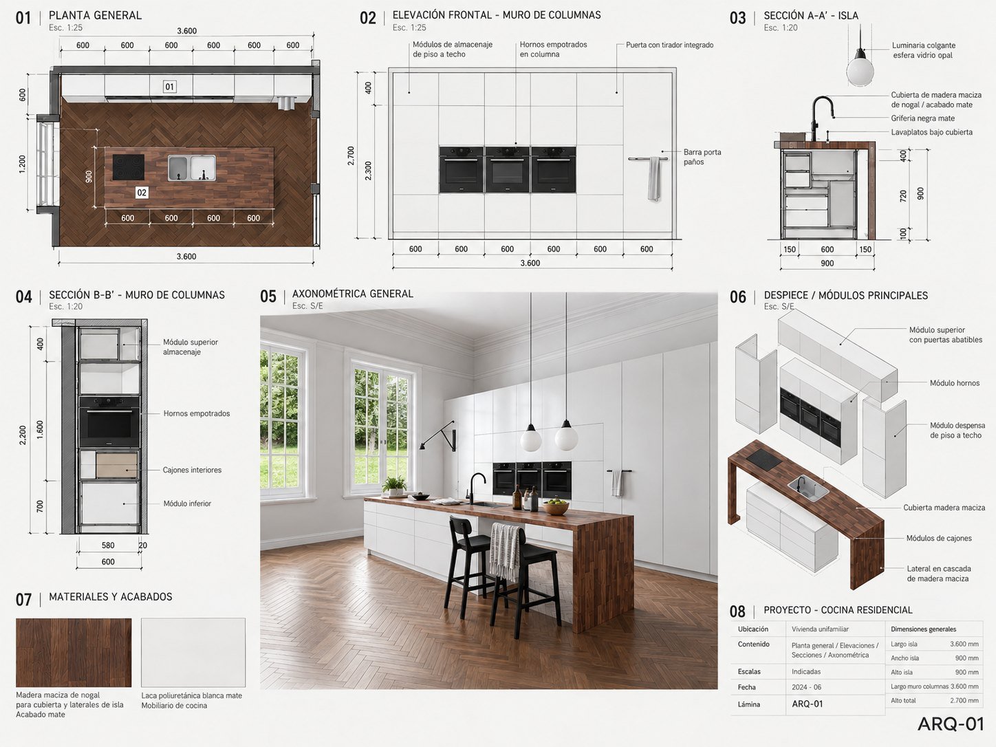 Lámina de diseño de cocina con isla: planta, elevación, secciones y axonométrica
