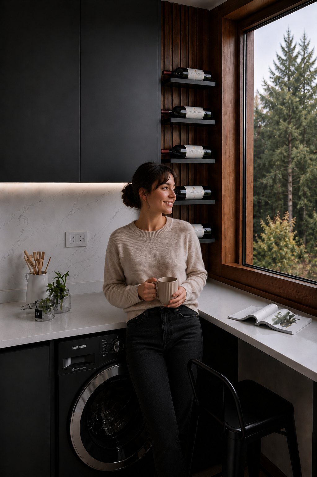 Render de cocina con muebles negros, cava de madera y ventana al bosque