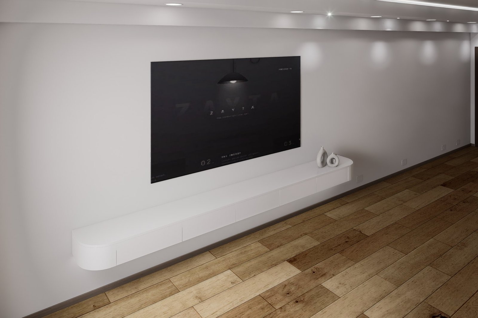 Render de living con mueble de TV blanco suspendido de bordes curvos