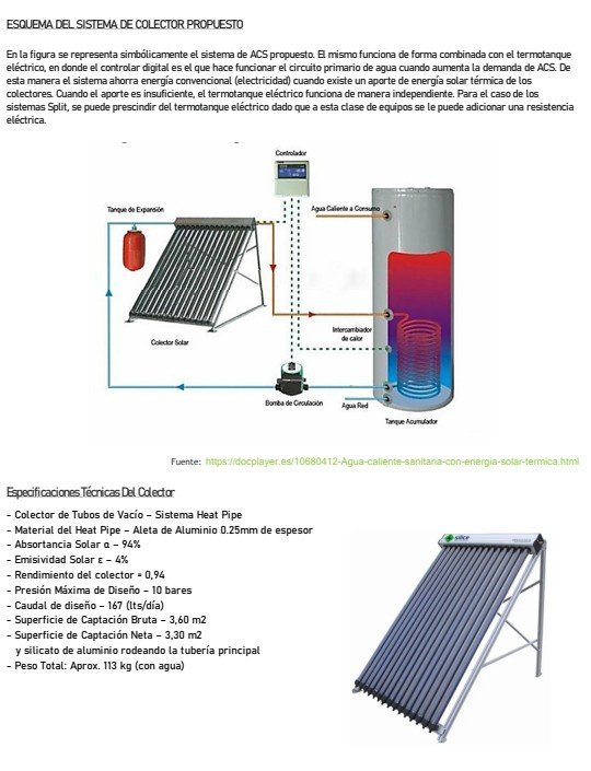 Esquema y especificaciones del colector solar de tubos de vacío para ACS