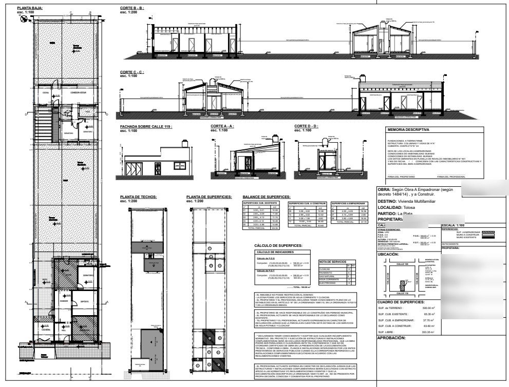 Plano municipal de vivienda multifamiliar a empadronar y a construir: plantas, cortes y memoria descriptiva