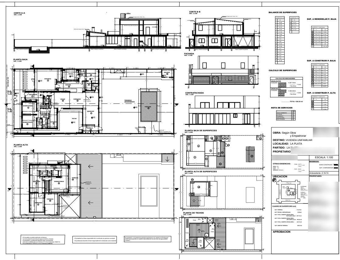 Plano municipal de vivienda unifamiliar según obra y a empadronar: plantas, cortes y superficies