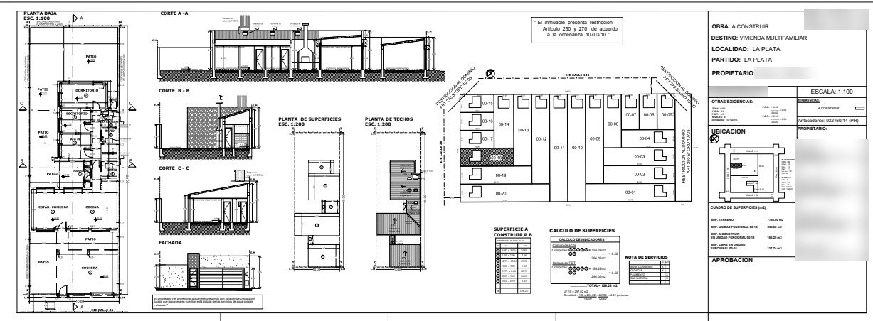 Plano municipal de vivienda multifamiliar: planta, cortes, superficies y cálculo de indicadores
