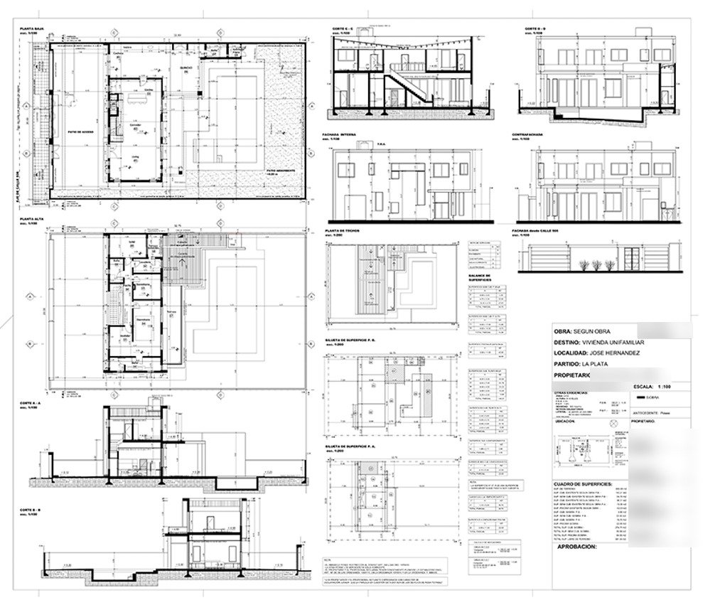 Plano municipal de vivienda unifamiliar: plantas, cortes, fachadas y balance de superficies