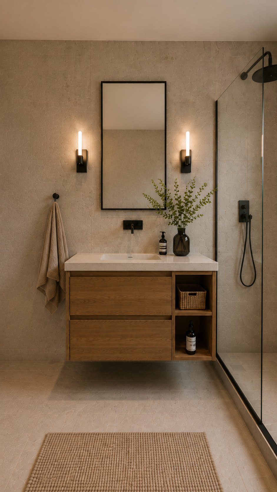 Render de baño con vanitory de madera suspendido y grifería negra