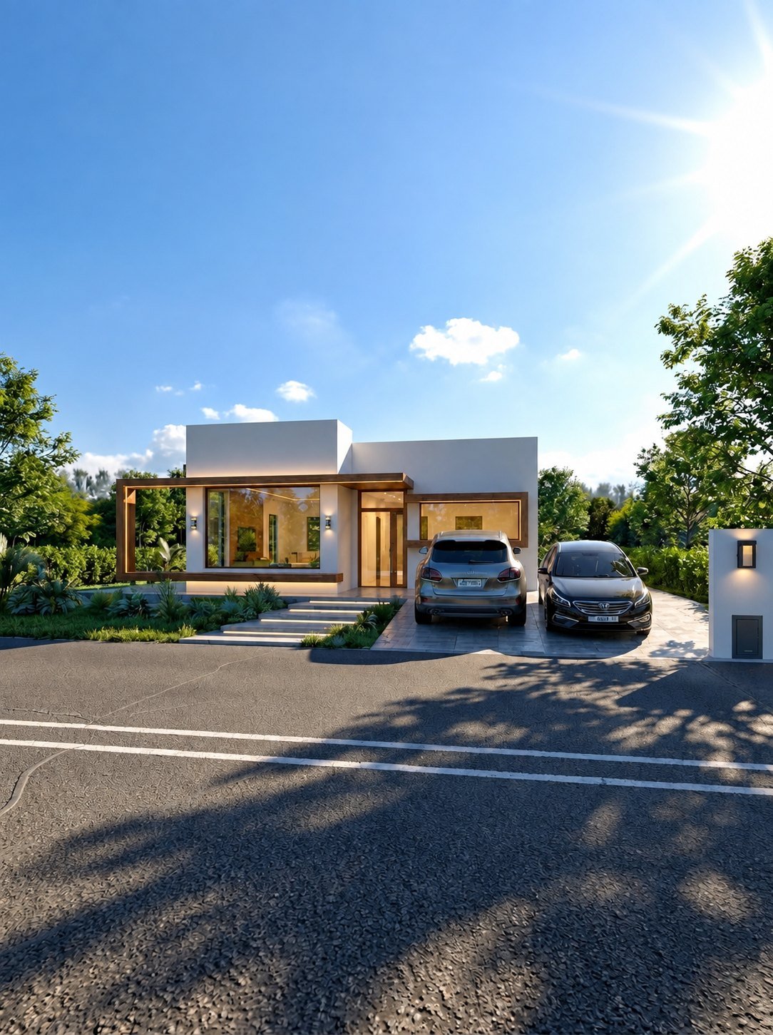 Render exterior de casa moderna de una planta con cochera